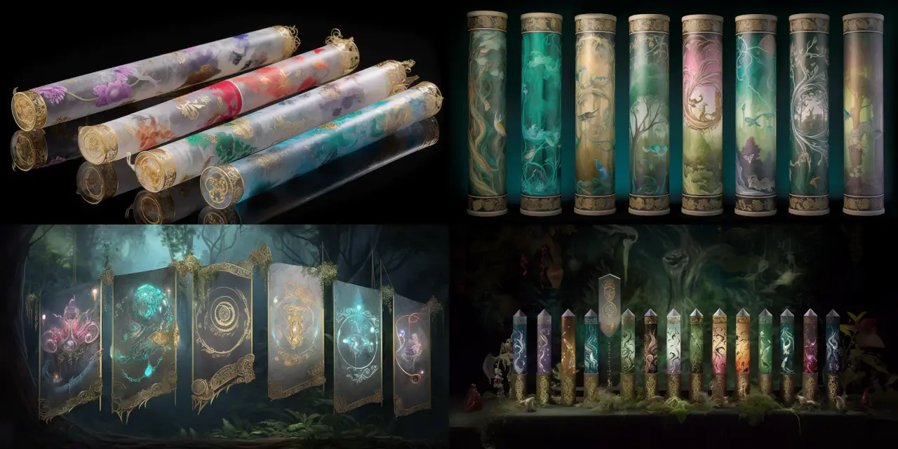 A collection of {{number_of_scrolls}} enchanting, crystal-encased scrolls floating gracefully in mid-air, set against the backdrop of a {{style_1}} landscape. Each scroll unravels mysteriously to reveal a tapestry of glowing, ancient runes and symbols that dance on the scroll's surface. The scrolls exude a {{strong_theme}} atmosphere, with an infusion of {{art_style}} reminiscent of the works of {{unique_artist}}. Rendered in a {{medium}} style, these magical props & artifacts capture the essence of an epic, otherworldly journey rich in {{historic_or_futuristic}} lore.