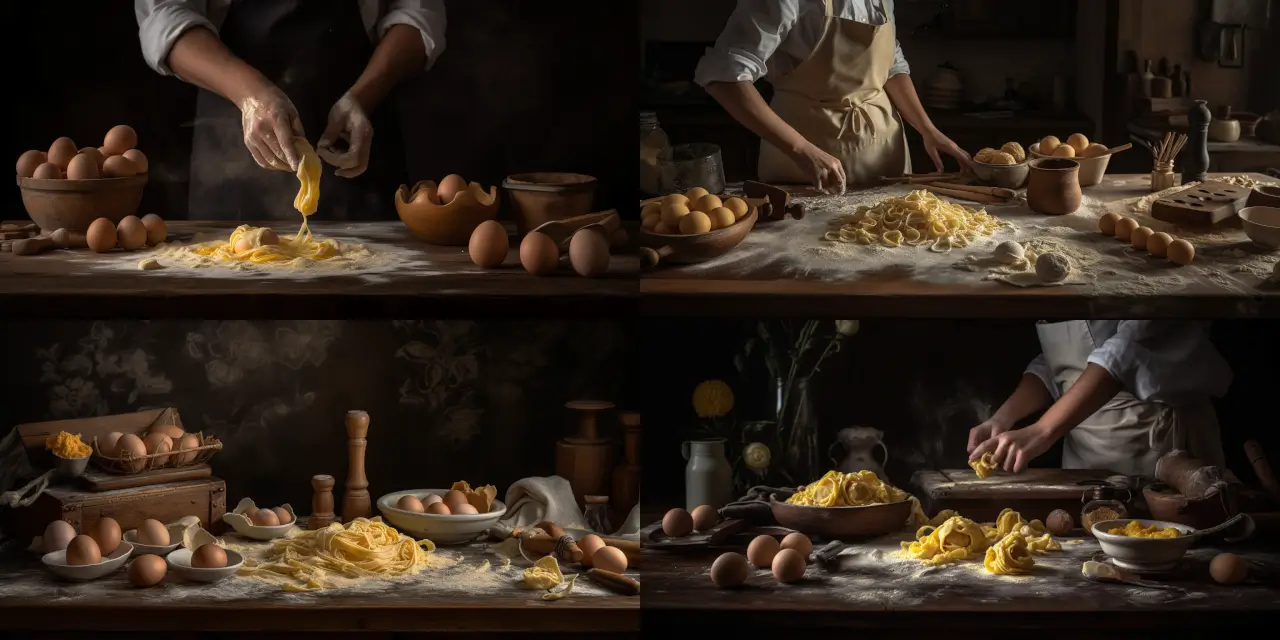 Capture the process of making pasta from scratch, showcasing the {{ingredient_1}} and {{ingredient_2}} for dough preparation, as well as the shaping of different pasta types such as {{pasta_shape_1}} and {{pasta_shape_2}} in a food photography style. Emphasize the artistry and tradition involved by incorporating a {{cultural_style}} aesthetic, and utilize the color palette inspired by iconic artists like {{inspired_artist}}. The final presentation should resemble a {{medium}} to emphasize texture and mood, capturing the essence of homemade pasta-making.