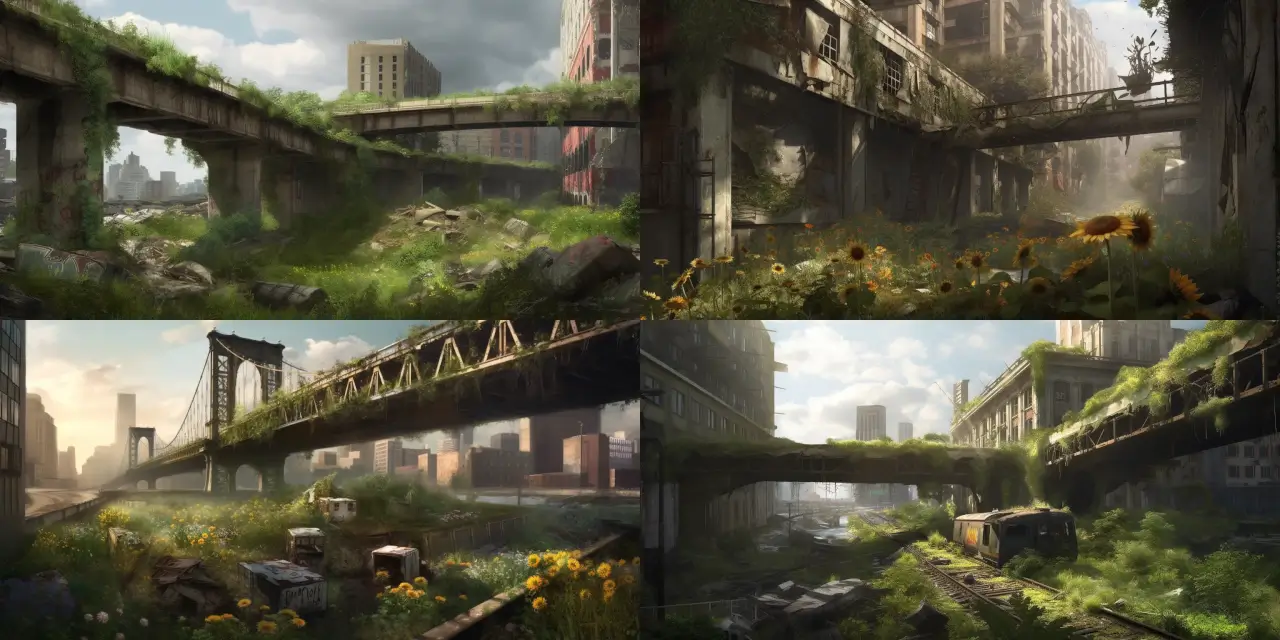 Illustrate a post-apocalyptic world featuring {{infrastructure_1}}, {{infrastructure_2}}, and {{infrastructure_3}} in various stages of decay, surrounded by overgrown {{plant_1}} and {{plant_2}}. Include hidden sanctuaries designed for {{sanctuary_purpose_1}} and {{sanctuary_purpose_2}}, tailored for 3D Printing. Emphasize the contrast between the crumbling cityscape and the thriving, lush vegetation, capturing a sense of {{theme_1}} and {{theme_2}}. Utilize an artistic style that combines {{style_1}}, {{style_2}}, and {{style_3}} for a unique visual experience.
