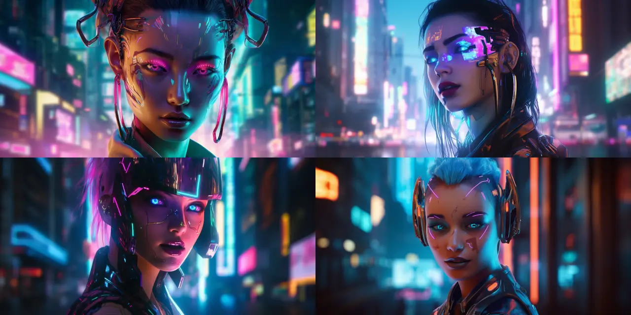 Create a vibrant cyberpunk scene filled with neon lights, set in a futuristic city where technology and humanity collide. Capture the captivating face of a {{female_character_type}} with the glistening reflection of the neon lights playing on her exquisitely detailed visage. Incorporate unique, glowing robotic enhancements on her face, eyes, and neck, seamlessly merging her with her technologically advanced surroundings. The overall style should evoke the essence of futuristic anime portraits, and you may take inspiration from artists such as Satoshi Kon, Katsuhiro Otomo, and Masamune Shirow if desired. Medium-wise, feel free to choose options like digital painting, ink, or watercolor to bring this interconnected cyberpunk beauty to life. Let your artistry and imagination weave together the intricate fusion of this alluring {{female_character_type}}, the cyberpunk city, and the hypnotic neon glow.