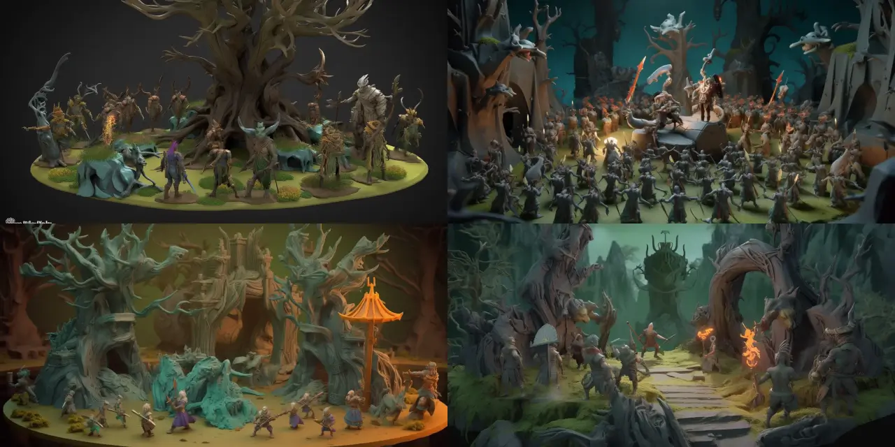 Create a vivid 3D character modeling battle scene set in a {{setting_1}}, featuring elven warriors armed with {{magical_weapon_1}} and {{magical_weapon_2}}, clashing against a formidable army of {{enemy_1}} and {{enemy_2}}. The environment should evoke the mystique of a dark enchanted forest, filled with {{forest_feature_1}} and {{forest_feature_2}}. Capture the intensity of the combat, the agility of the elves, and the ferocity of the goblin and troll forces. Consider incorporating a specific art style, such as {{art_style_1}} or {{art_style_2}}, to enhance the atmosphere and impact of the scene.