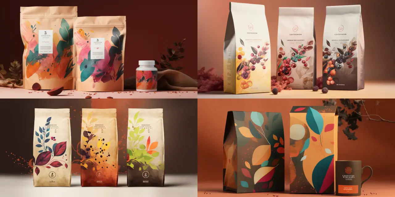 Design an abstract, colorful image for a gourmet coffee brand's food packaging, featuring a {{color_scheme}} coffee plant with {{number_of_leaves}} leaves, {{number_of_berries}} coffee berries, and a {{style_of_art}} artistic style, invoking the feeling of {{theme_1}} and {{theme_2}}, inspired by the works of {{artist_1}} and {{artist_2}}, using {{medium}} as the chosen medium for the illustration.