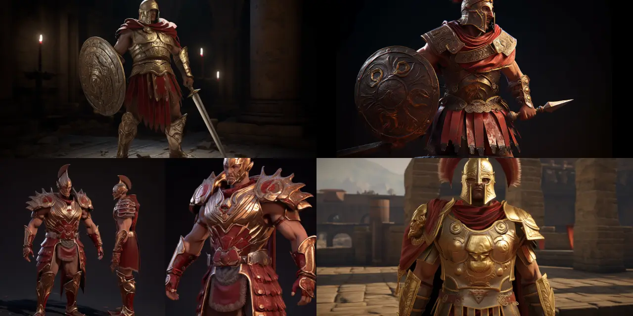 Envision a fierce gladiator character, {{gladiator_name}}, wearing {{armor_type}} ornate armor adorned with {{armor_detail_1}} and {{armor_detail_2}}, wielding a unique weapon, the {{unique_weapon}}. Set the scene in an ancient Roman coliseum filled with roaring crowds, vibrant banners, and grand architecture. Capture the gladiator's intense expression and powerful stance, ready for battle. Create a 3D character model that showcases the intricate design elements of the armor, weapon, and coliseum setting. Emphasize the dynamic lighting and atmosphere to evoke strong feelings of anticipation, courage, and grandeur.