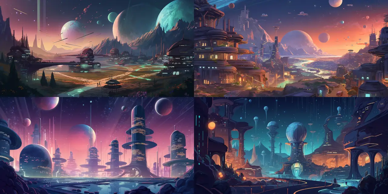 Design a futuristic space colony in a Cartoon Background Art style, showcasing a breathtaking starry sky {{starry_sky_variant}} with bright planets {{planet_1}}, {{planet_2}}, and {{planet_3}}. Include sleek, high-tech buildings, designed for a thriving society, with unique features such as {{building_feature_1}}, {{building_feature_2}}, and {{building_feature_3}}. Focus on conveying a sense of awe and innovation in this cosmic, celestial colony of the future.