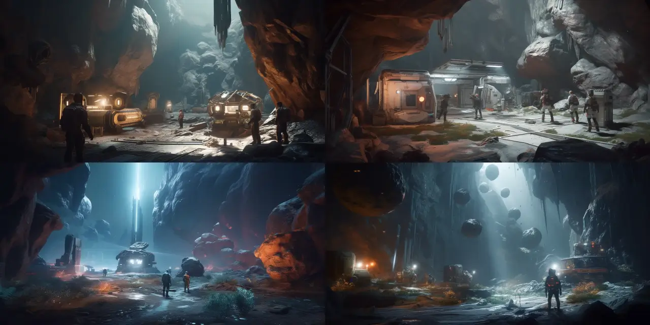 Capture a scene of a space exploration mission, featuring {{number_of_astronauts}} astronauts working alongside {{number_of_AI_machines}} AI-powered machines to build a new colony on an undiscovered planet. Emphasize on the Robot & AI Design, showcasing intricate details of the futuristic {{style_1}} aesthetics. The planet's surface should have {{terrain_type}} terrain with {{planet_feature_1}} and {{planet_feature_2}} unique features in the background. The atmosphere should evoke a {{theme_1}} feeling, highlighting the teamwork between humans and AI in this new frontier. The art medium can be a {{medium_type}} style, and feel free to draw inspiration from the works of {{artist_1}} and {{artist_2}} for the visual richness and depth of the scene.