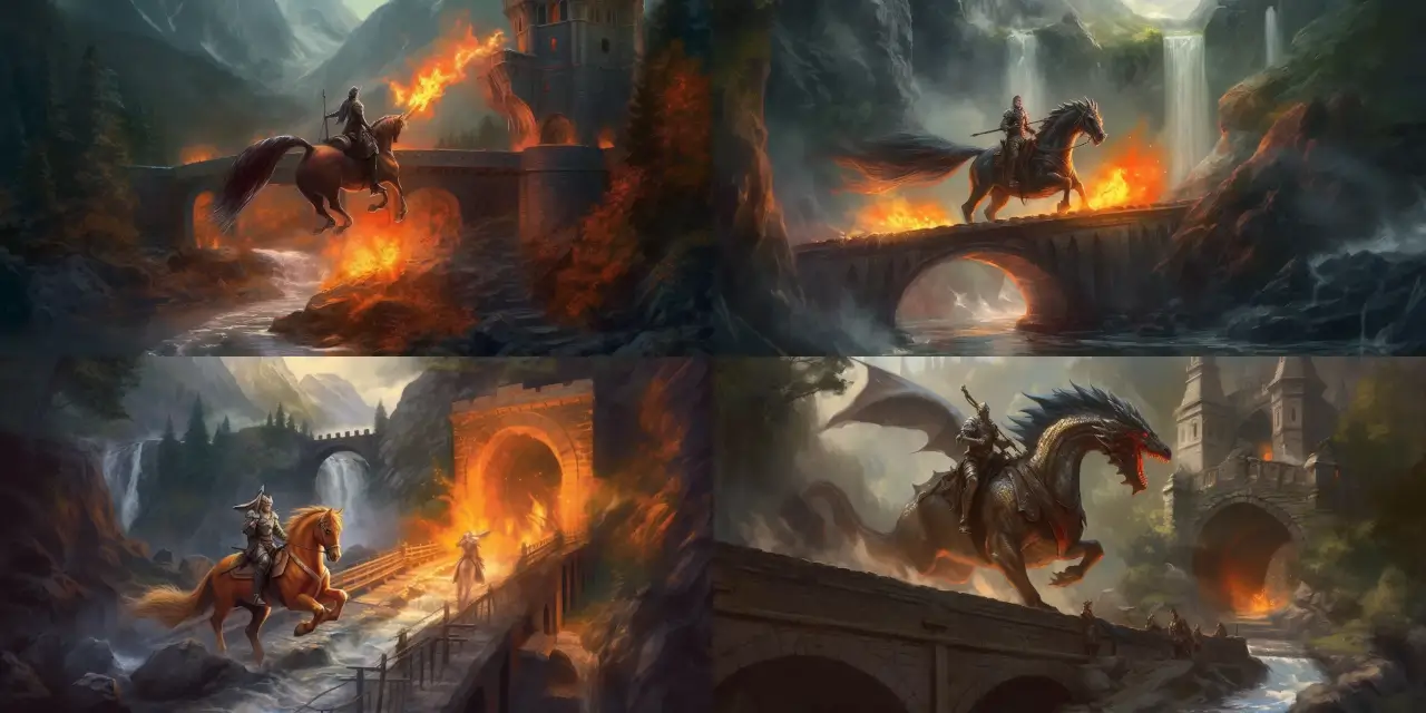 A valiant {{heroic_figure}} charging forward on a {{majestic_animal}}, with a {{blazing_weapon}} raised high. A {{bridge_material}}-covered bridge and roaring waterfalls in the background. {{art_genre}} Book Cover Art featuring a {{heroic_adjective}} knight, majestic steed, blazing sword, stone-covered bridge, and roaring waterfalls.