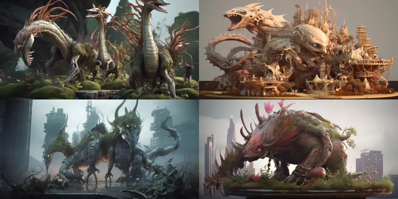 Create a stunning 3D character model set in a post-human world where {{biomechanical_creature}} roams amidst a surreal and mysterious landscape teeming with {{unusual_plant_1}}, {{unusual_plant_2}}, and {{unusual_structure}}. Incorporate elements of {{art_style}} to enhance the scene's otherworldly atmosphere and convey an underlying theme of {{strong_theme}}. The overall design should invoke the artistic styles of {{influential_artist_1}} and {{influential_artist_2}}, blending their unique techniques with a sense of {{artistic_medium}} to create a visually arresting and thought-provoking piece.