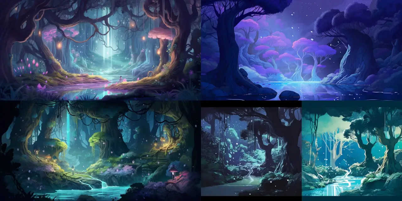 Create an enchanted forest scene for Anime Background Art, featuring {{number_of_trees}} glowing trees and {{number_of_creatures}} magical creatures, bathed in the {{color_1}} moonlight. The scene should evoke a sense of {{feeling_1}} and be reminiscent of the art style found in {{artist_reference}}'s work. Include details such as {{unique_forest_feature_1}} and {{unique_forest_feature_2}} to bring a sense of depth and wonder to the surroundings. The chosen medium should be {{art_medium}}, capturing the essence of the mystical atmosphere in a way that transports the viewer into this fantastical realm.