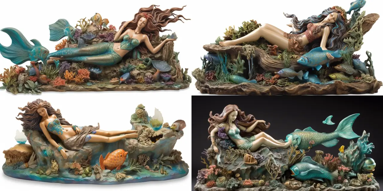 A captivating scene of {{an_enchanting_mermaid}} lounging gracefully on a {{sunlit_rock}}, surrounded by an array of {{vibrant_sea_creatures}}, in the midst of the mesmerizing {{aqua_blue_waters}} - Mythical Creatures. The enchanting mermaid could be embellished with features such as iridescent scales, a flowing, translucent tail, and long, flowing hair. The array of vibrant sea creatures could include a mix of familiar species like colorful fish, sea turtles, and dolphins, as well as more fantastical ones like tiny, glowing jellyfish or sea dragons. Enhance the atmosphere of this underwater paradise by incorporating an art style such as impressionism, watercolor, or Studio Ghibli-inspired animation, capturing the sunlight filtering through the water and casting intricate patterns and shades on the iridescent scales of the mesmerizing creatures. Convey a sense of tranquility, wonder, and the eternal allure of the oceanic depths, as the mermaid and her aquatic companions thrive in their mythical, hidden realm.