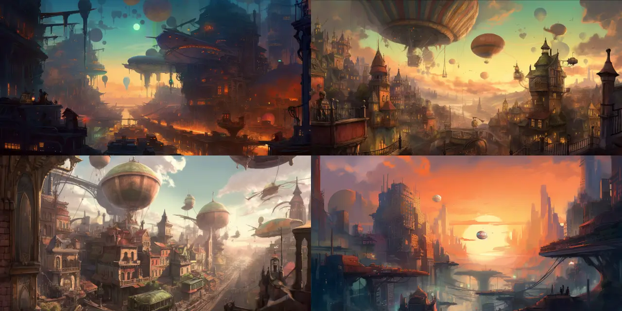 Create a {{setting_1}} skyline featuring a {{style_1}} city with {{vehicle_1}} and {{character_1}}. The city should be set in a {{time_of_day_1}} ambiance, showcasing vibrant colors and intricate details reminiscent of {{medium_1}}.