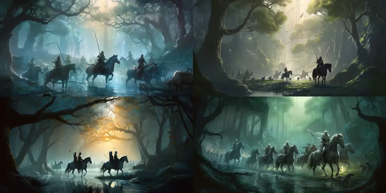 A mystical scene of {{number_of_centaurs}} noble centaur archers, led by {{main_centaur_name}}, traversing a misty, enchanted grove filled with {{enchanting_elements}}. The centaurs showcase a variety of {{centaur_armor_style}} armor and wield {{centaur_weapon_type}} weapons, reflecting their preparedness for the upcoming battle. The atmosphere evokes {{emotional_theme}} as they march through the grove, with the sounds of {{ambient_sounds}} echoing in the background. Capture the fantasy character design in a {{art_medium}} style reminiscent of {{artist_influence}}, paying close attention to the intricate details and expressions of the centaurs' faces and body language.