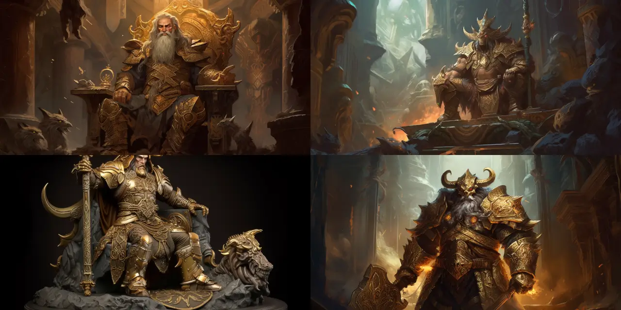 In a realm of magic and adventure, create a stunning illustration of a majestic {{dwarf_king}} adorned in ornate {{golden_armor}} and wielding an elaborate {{war_hammer}}, ruling over his opulent underground {{throne_room}}. Explore a rich fantasy character design inspired by artists like Frank Frazetta, J.R.R. Tolkien, and H.P. Lovecraft, in mediums such as watercolor, oil on canvas, or detailed ink drawing. Emphasize the dwarf king's regal presence, intricate details of his armor and weapon, and the grandeur of his subterranean kingdom filled with treasures, architectural marvels, and a strong sense of awe and wonder.