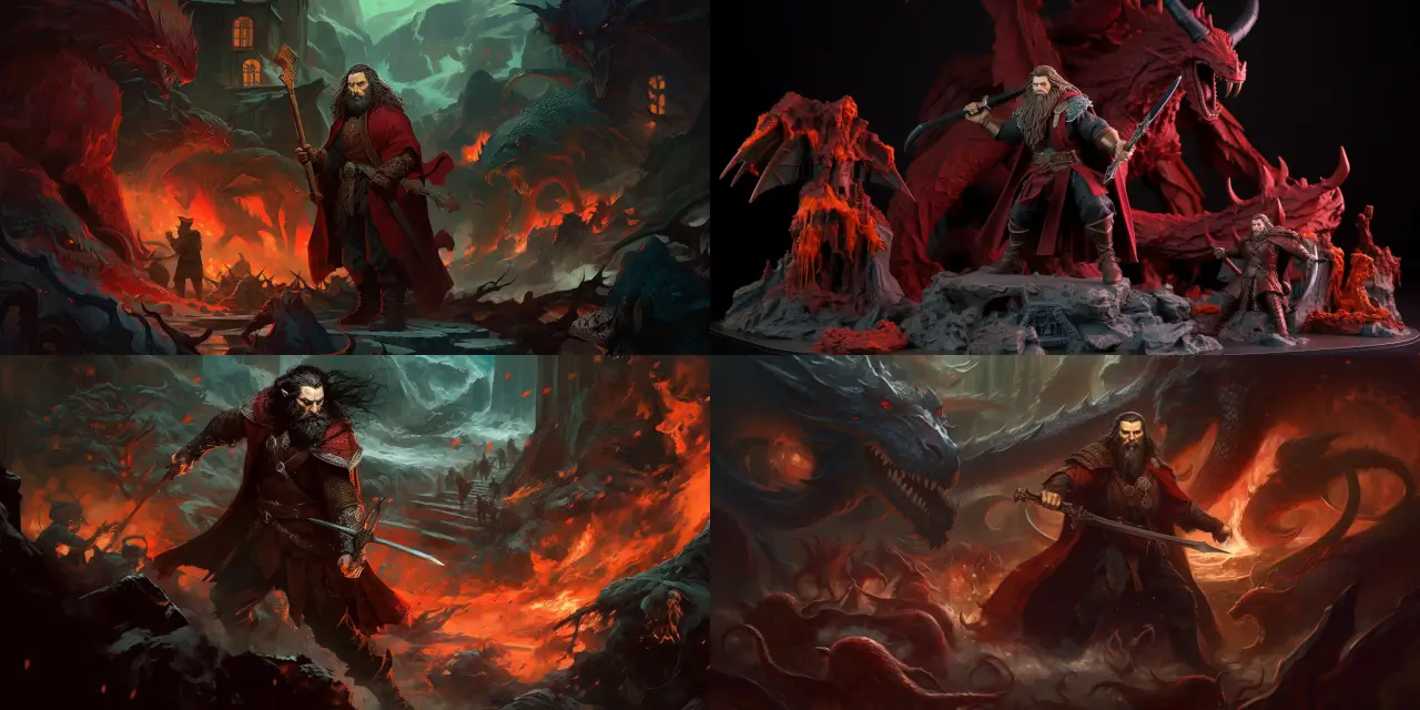 Illustrate an action-packed scene featuring a brave warrior character, {{character_name}}, with an eye-catching design in a bold color palette of {{color_1}}, {{color_2}}, and {{color_3}}. Show {{character_name}} demonstrating dynamic poses in battle against {{enemy_name}}. The setting should be a {{location}} filled with details and dramatic elements. Ensure the art style emulates the bold and expressive nature of cartoon avatars.