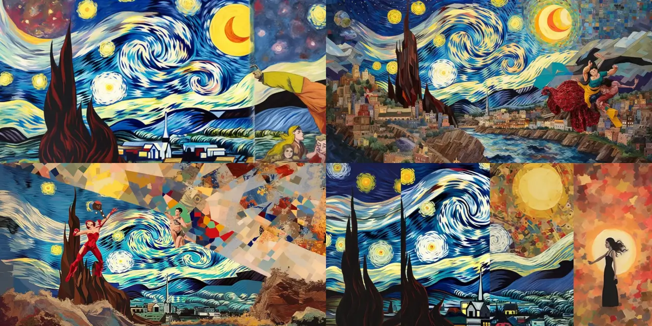 Create a whimsical collage art scene that combines {{number_of_characters}} vintage comic book characters, such as {{character_1}}, {{character_2}}, and {{character_3}}, with iconic artworks, including {{artwork_1}} by {{artist_1}} and {{artwork_2}} by {{artist_2}}. This unique juxtaposition should evoke a sense of playful curiosity while maintaining an appreciation of the original artworks, using artistic techniques like vibrant colors, layered textures, and clever use of contrasting visual elements.