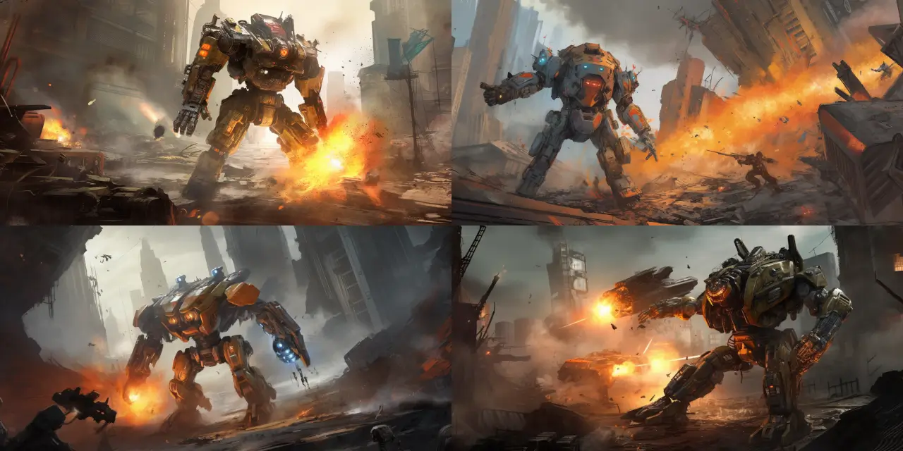 In a post-apocalyptic setting, render a fierce battle between a colossal {{mech_1}}, armed with advanced weaponry, and an otherworldly {{alien_creature_1}}, exhibiting extraordinary abilities. The epic clash takes place in the midst of a ravaged cityscape, where {{destruction_element_1}} and {{destruction_element_2}} lay scattered across the landscape. Amidst the chaos, brilliant {{explosions_1}} and flying {{debris_1}} illuminate the scene. Capture this intense showdown in the distinct Manga Art Style, paying homage to the visual techniques and storytelling elements prevalent within the genre.