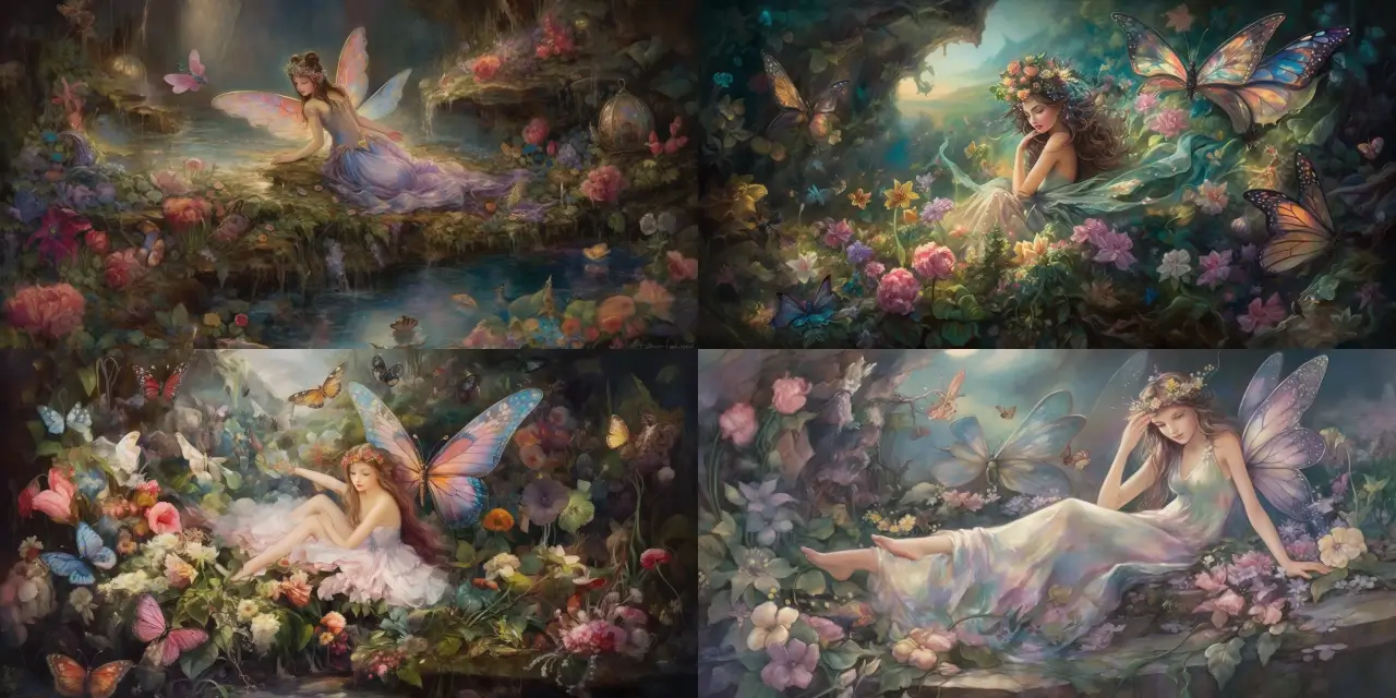 A whimsical fairy, adorned with {{accessory_1}} and {{accessory_2}}, tending to her beautiful garden, surrounded by vibrant flora, such as {{flower_1}}, {{flower_2}}, and {{flower_3}}, and magical creatures like {{creature_1}}, {{creature_2}}, and {{creature_3}} in a tranquil clearing. The scene emanates a sense of {{theme_1}} and {{theme_2}}. The art style should pay homage to the works of {{artist_1}} and {{artist_2}}, showcasing intricate details that capture the essence of a Fantasy Character Design. The medium to portray this whimsical scene can be {{medium_1}}, {{medium_2}}, or {{medium_3}}, taking inspiration from famous pieces of art in those mediums.