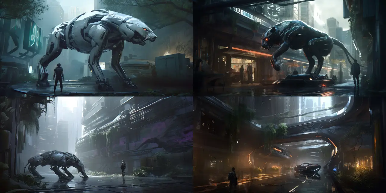 Create a futuristic bionic animal, such as a {{bionic_animal_1}} or {{bionic_animal_2}}, interacting with a cybernetically enhanced human character in a city park teeming with vibrant technology. The scene should depict a sense of {{theme_1}} and {{theme_2}}, with elements of {{art_style_1}} and {{art_style_2}}. Capture the aesthetic of artists like {{artist_1}} and {{artist_2}}, while incorporating the artistic medium of {{medium_1}} or {{medium_2}}. Make sure to emphasize unique features, such as {{feature_1}} and {{feature_2}}, as well as incorporating the presence of {{specific_technology}} throughout the piece.