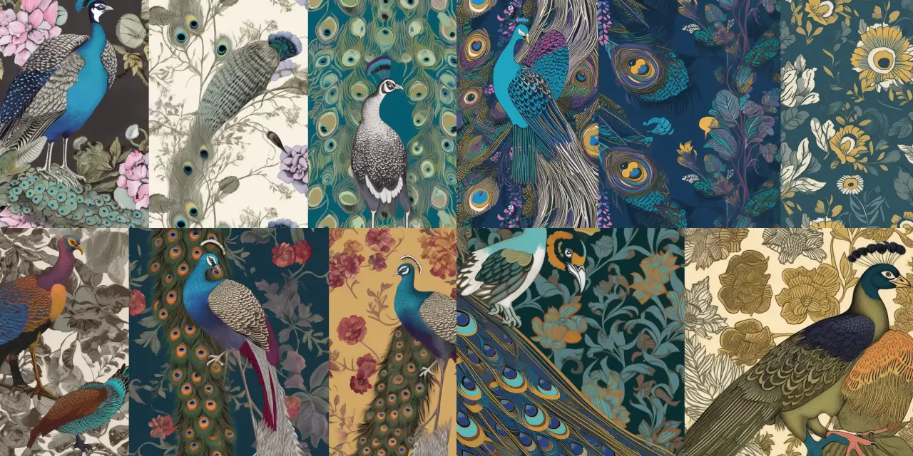 Illustrate a {{bird_species}}, specifically a peacock, with its feathers expanded in a stunning display, showcasing intricate patterns resembling various {{animal_patterns}} and {{textile_designs}}. The patterns should draw inspiration from animal prints such as leopard spots, zebra stripes, and tiger markings, as well as creative textiles from styles like {{style_1}}, {{style_2}}, and {{style_3}}. Capture the essence of these prints and designs within the peacock's plumage, creating a striking and visually captivating work of art.
