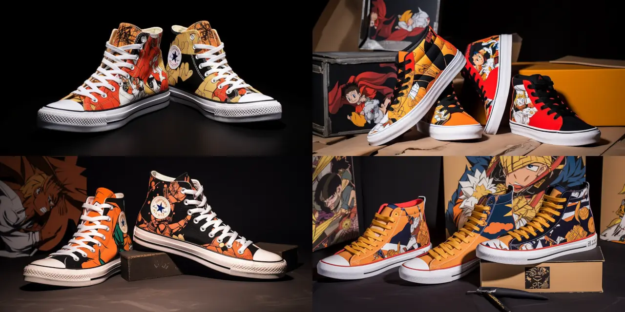 Develop imagery for a limited edition anime-themed sneaker collection, featuring {{anime_series_1}} and {{anime_series_2}}, incorporating unique patterns, character designs, and color schemes inspired by these famous anime series. Capture the essence of {{character_1}} from {{anime_series_1}} and {{character_2}} from {{anime_series_2}} in the sneaker design, while maintaining the recognizable visual motifs and atmospheres prevalent in both series. Explore various art styles, such as {{art_style_1}}, {{art_style_2}}, and {{art_style_3}}, and consider utilizing mediums like watercolor, graffiti, or digital painting to create vivid and eye-catching visuals. Immerse the viewer in a fusion of anime and fashion by encapsulating the emotions, themes, and unique aesthetics of {{anime_series_1}} and {{anime_series_2}} in this limited edition sneaker collection.