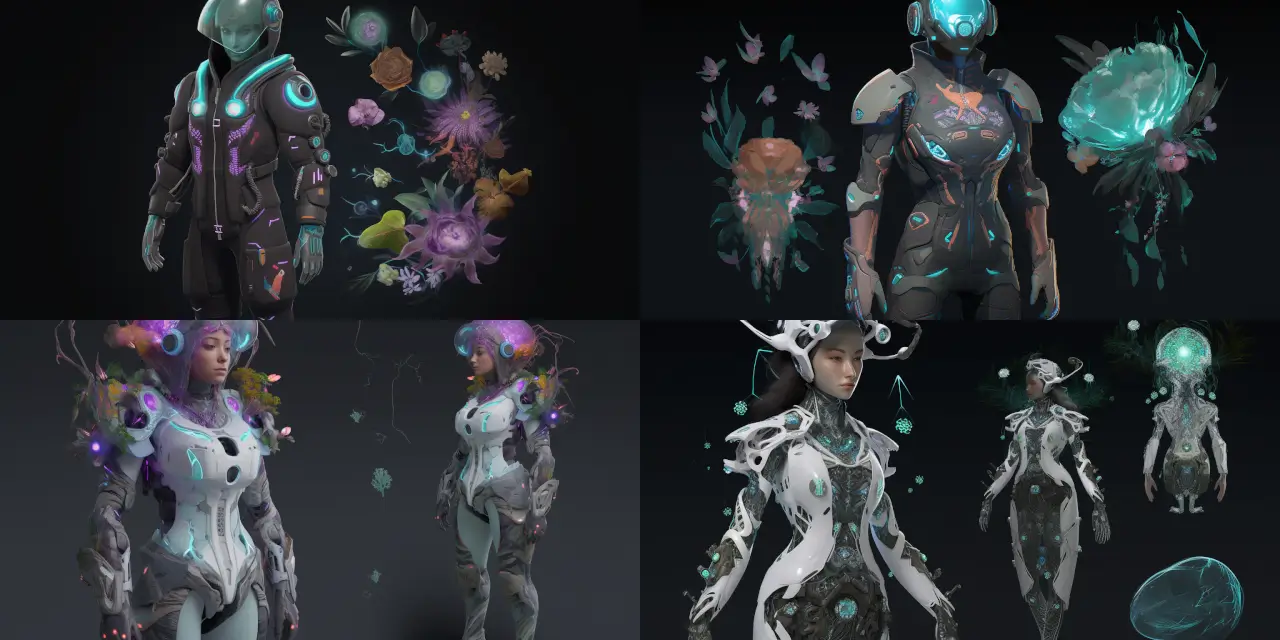 Create a futuristic character design of an interstellar explorer adorned with an alien-floral-inspired outfit. Include intricate details such as {{detail_1}}, {{detail_2}}, and {{detail_3}} to enhance the visual appeal of the ensemble. Equip the explorer with cutting-edge nanobot tools, such as {{tool_1}}, {{tool_2}}, and {{tool_3}}, showcasing their advanced technology and utility in outer space. Incorporate a visually striking teleporting staff as their primary accessory, featuring elements like {{element_1}}, {{element_2}}, and {{element_3}} to signify its otherworldly powers. Capture this interstellar explorer in an art style reminiscent of {{artist_1}} and {{artist_2}}, using a {{medium}} medium for a truly mesmerizing and imaginative result.