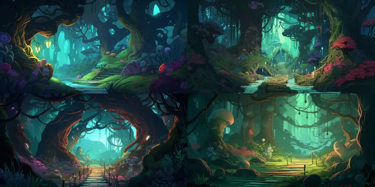 Create a captivating cartoon background art depicting a mysterious enchanted forest filled with {{element_1}}, ancient ruins reminiscent of {{civilization_1}}, and a {{adjective_1}} winding path leading into the unknown darkness. Incorporate vibrant {{color_1}} glowing plants and foliage, while maintaining an atmosphere of {{theme_1}}. Optionally, use inspiration from {{artist_1}} and {{art_style_1}} to enhance your visual creation.