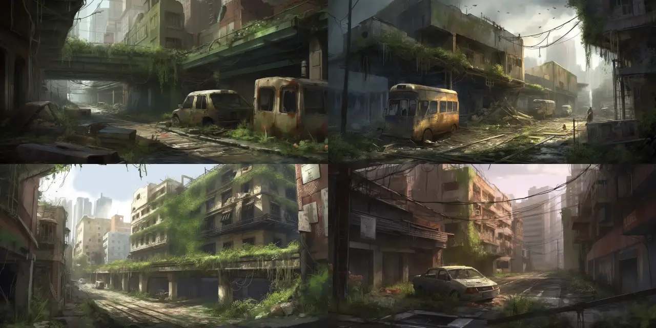 Depict a post-apocalyptic landscape for Anime Background Art, featuring {{building_1}}, {{building_2}}, and {{building_3}} in ruins, with overgrown {{vegetation_1}} and {{vegetation_2}} reclaiming the once bustling city. Add {{adjective_1}} atmosphere and elements, such as {{element_1}} and {{element_2}}, to enhance the feeling of desolation. Consider incorporating artistic styles such as {{style_1}} or {{style_2}} with inspiration from artists like {{artist_1}} or {{artist_2}}. Use mediums like {{medium_1}} or {{medium_2}} to bring the scene to life.