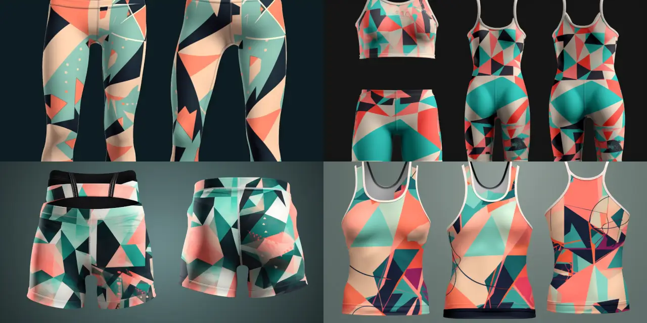 Generate an abstract geometric pattern featuring {{shape_1}}, {{shape_2}}, and {{shape_3}} with contrasting colors such as {{color_1}} and {{color_2}} for a modern activewear set, incorporating elements inspired by {{art_style}} and {{artist}}. The pattern design should evoke a sense of {{theme_1}} and {{theme_2}}, and be versatile for use on various activewear pieces such as leggings, sports bras, and tops. The final design should be presented in a {{medium}}, showcasing the intricacy and dynamism of the geometric shapes and color palette.