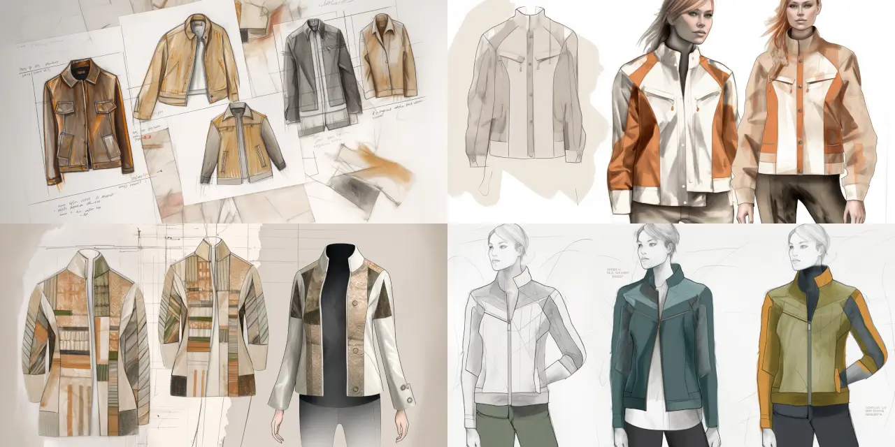 Showcase a sustainable design of eco-friendly fabrics and materials in a jacket, featuring {{fabric_1}}, {{fabric_2}}, and {{material_1}}. Create technical fashion sketches that highlight the unique properties and benefits of each material, such as breathability, water resistance, or renewable sourcing. Consider incorporating stylistic elements like {{style_1}}, {{style_2}}, or {{feature_1}} to enhance the overall design. Please include detailed annotations to explain the functionality and sustainability aspects of the jacket, while maintaining a visually appealing composition with modern, futuristic, or minimalistic vibes.