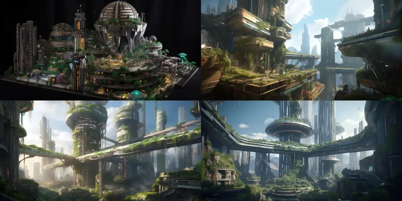 A detailed dynamic prompt for "8. A futuristic cityscape with distinctive architecture, built on multiple levels, and flying vehicles zipping through the air, contrasting with the darkness of outer space above. Sci-Fi & Space Art."