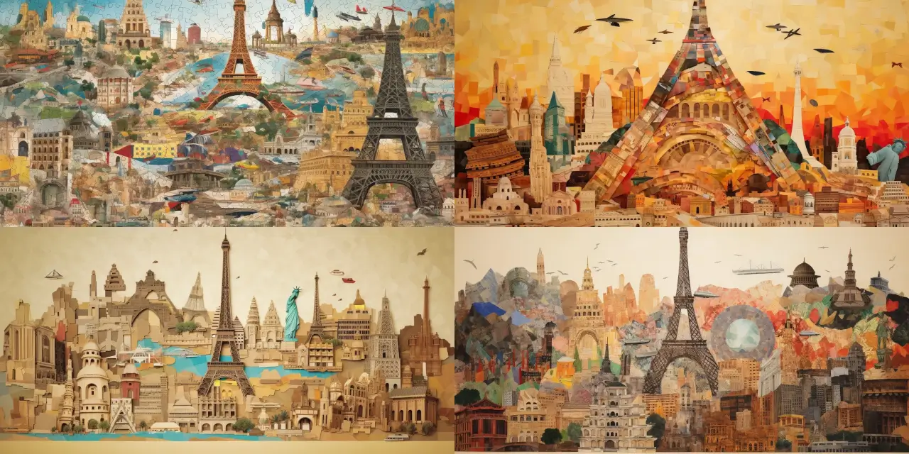 Construct a collage art piece featuring iconic landmarks from various countries, such as {{landmark_1}}, {{landmark_2}}, and {{landmark_3}}, intricately cut into puzzle pieces that fit together seamlessly. This artwork should illustrate a united world, showcasing the harmonious blending of cultures and architectural styles. Emphasize strong themes such as global unity, the beauty of diversity, and the interconnectedness of humanity. Experiment with different mediums and techniques, such as watercolor, oil on canvas, or ink drawing, to create a visually striking and thought-provoking masterpiece. Consider drawing inspiration from artists like M.C. Escher, Salvador Dali, or Studio Ghibli to give your artwork a unique and captivating aesthetic.