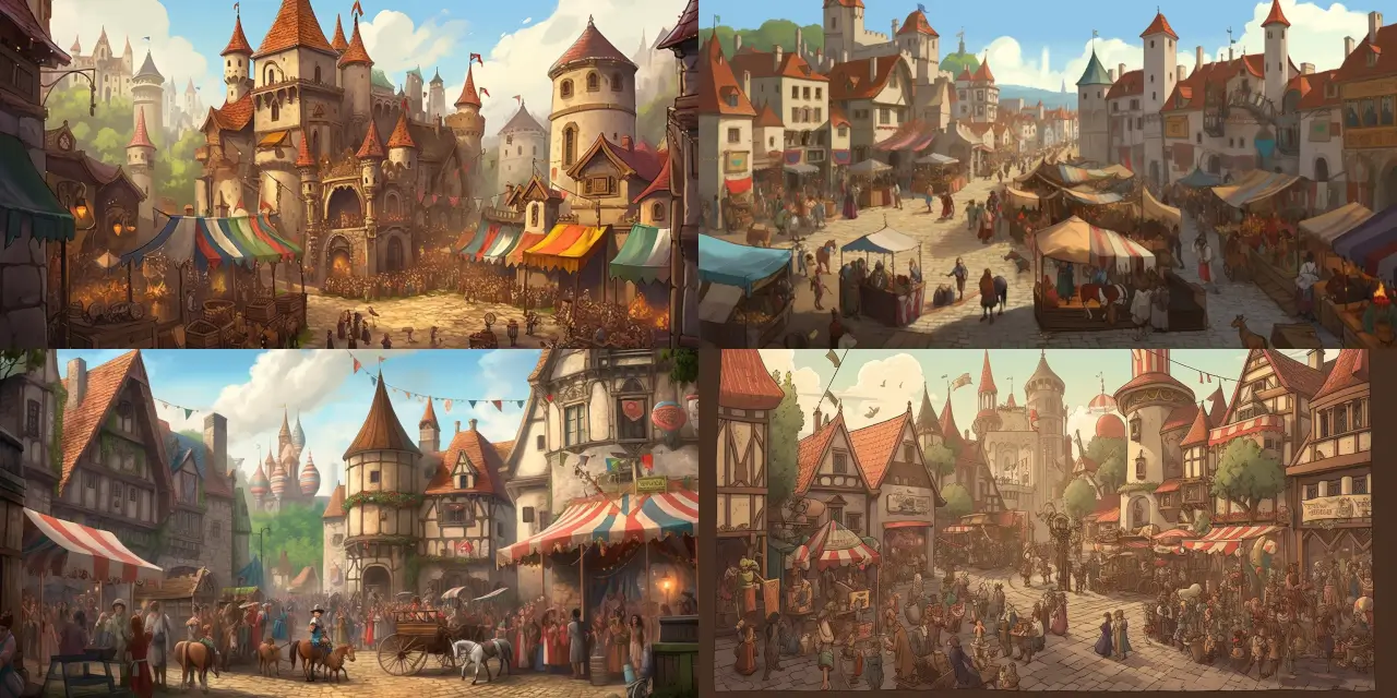 Create a vivid cartoon background art of a bustling medieval castle courtyard filled with people wearing {{period_clothing}}, colorful {{banners}} flying high, and an intense {{jousting_tournament}} in progress. Emphasize the atmosphere of excitement and the authentic medieval lifestyle by including details like ornate armor, majestic horses, and bustling market stalls. Capture the essence of the medieval period by incorporating elements such as {{castle_1}}, {{castle_2}}, and {{castle_3}} along with a fusion of art styles like {{art_style_1}} and {{art_style_2}} to create a truly unique and engaging visual experience.