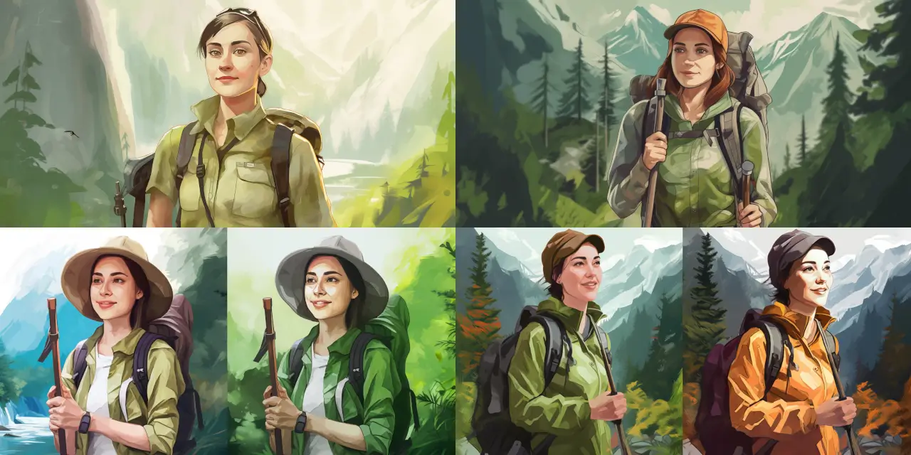 Generate a Custom Profile Picture featuring a nature-inspired background with an avatar in hiking attire and holding outdoor equipment. The background should include elements like {{element_1}}, {{element_2}}, and {{element_3}}. The avatar's clothing should resemble a {{clothing_style}} hiking attire and they should hold {{outdoor_equipment_1}} and {{outdoor_equipment_2}}. The art style should showcase {{art_style_1}} and {{art_style_2}} influences, with a nod to the works of {{artist_1}} and {{artist_2}}. The medium used should be a {{medium}} to capture the essence of the scene.