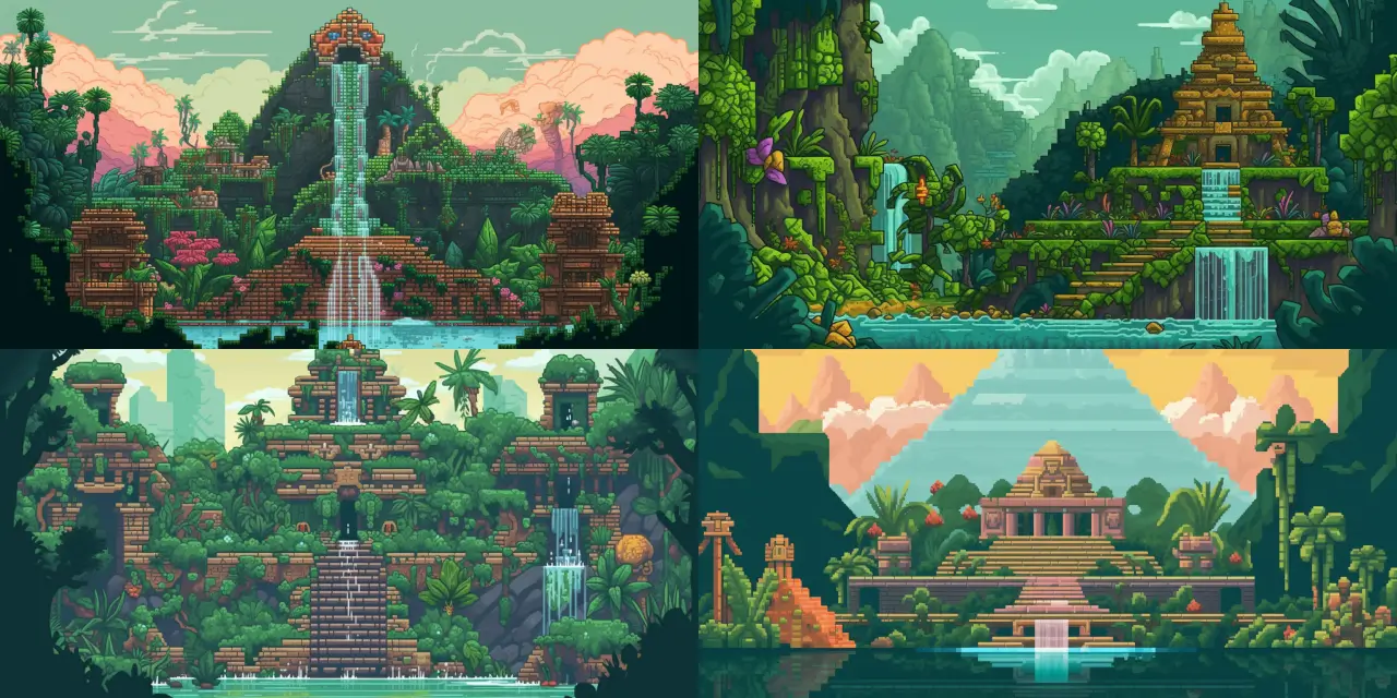 Create a pixel art jungle landscape, featuring {{exotic_plant_1}}, {{exotic_plant_2}}, and {{exotic_plant_3}}, alongside ancient ruins, such as {{ancient_structure_1}} and {{ancient_structure_2}}. Add animated waterfalls cascading through the scene. The whole masterpiece should be designed at a 64x64 pixels resolution, perfect for use in games. Emphasize the vibrant colors and intricate details to portray the atmosphere of a lush and mysterious jungle environment. Pixel Art for Games.