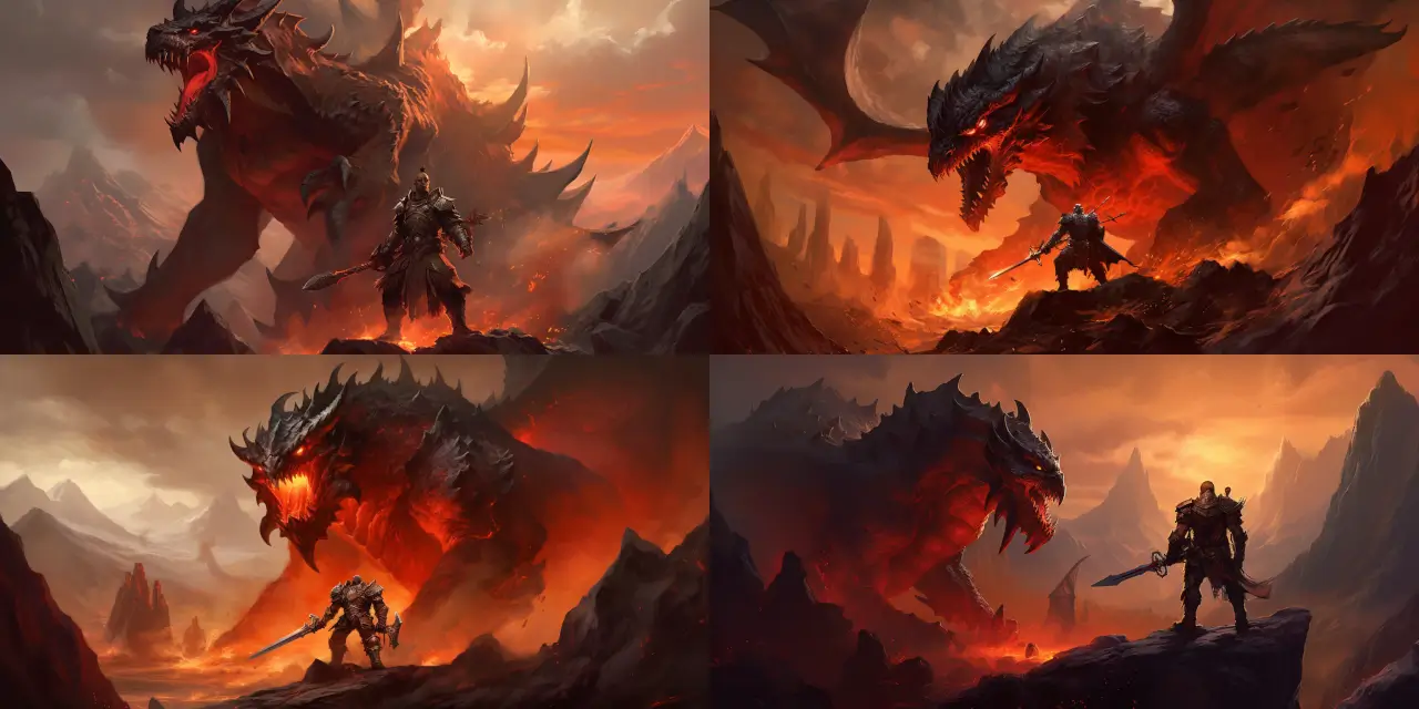 A powerful warrior, {{warrior_type}}, locked in combat with a monstrous beast, {{beast_name}}, amidst the fiery volcanic landscape of {{volcanic_location}}. Capture the epitome of intense emotions such as {{emotion_1}}, {{emotion_2}}, and {{emotion_3}}, while using bold colors like {{color_1}}, {{color_2}}, and {{color_3}}. Emphasize sharp contrasts between light and shadow to create a striking scene worthy of a Fantasy Book Cover Art. Experiment with art styles like {{style_1}}, {{style_2}}, and {{style_3}}, and be inspired by artists such as {{artist_1}}, {{artist_2}}, and {{artist_3}}. Consider incorporating a medium like {{medium_1}} or {{medium_2}} to bring this epic battle to life.
