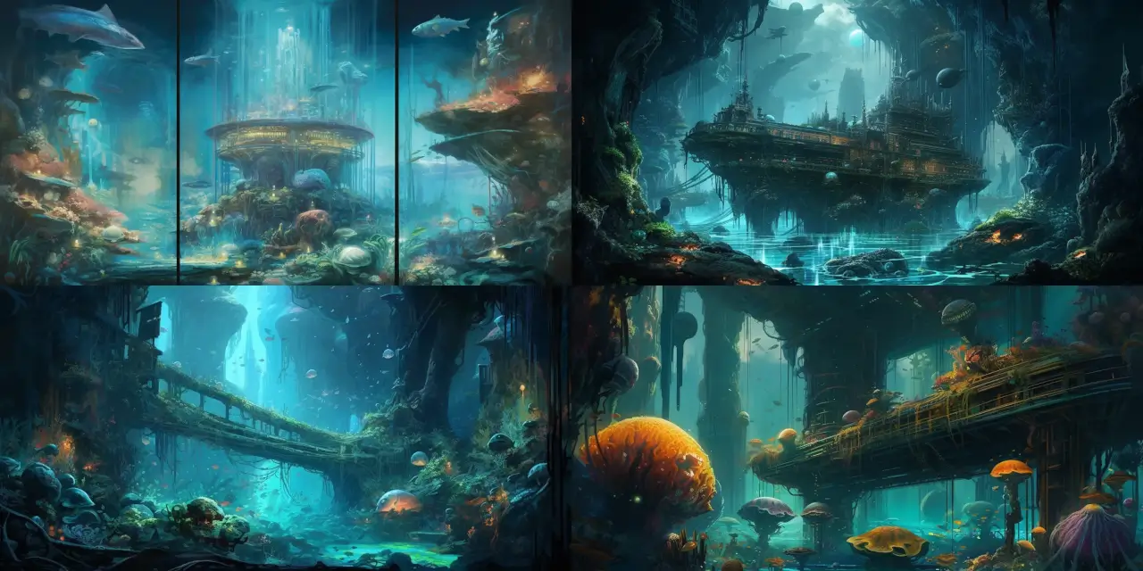 An alien underwater realm, featuring {{number_1}} colossal submarine cities nestled within the depths of an extraterrestrial ocean world. Surrounding this magnificent civilization are an array of {{adjective_1}} aquatic creatures, ranging from awe-inspiring to bizarre. The style combines Sci-Fi & Space Art, creating a unique and vivid atmosphere. Capture the essence of this watery wonderland using {{medium_1}}, incorporating the influence of notable artists such as {{artist_1}} and {{artist_2}}. Let the emotions of {{theme_1}} and {{theme_2}} flow through this otherworldly seascape, inviting the viewer to dive into a realm of limitless imagination.