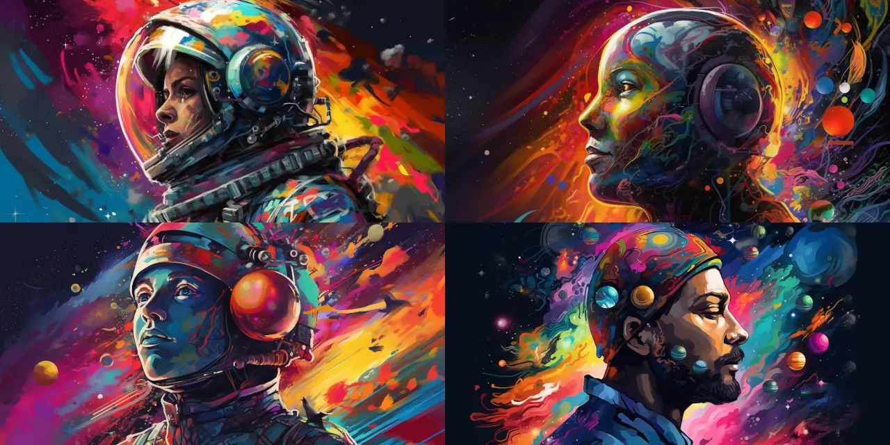 Illustrate an AI-generated Custom Profile Picture with a space theme, featuring a vibrant cosmic background filled with {{number_of_planets}} planets, diverse in colors and sizes, a glittering array of {{number_of_stars}} stars, and an astronaut-styled avatar, wearing {{outfit_material}} futuristic clothing and wielding {{gadget_1}}. Capture the essence of a surreal, dreamlike art style reminiscent of {{inspired_artist}}, using {{preferred_medium}} as the primary medium. Emphasize a sense of exploration and wonder, as the astronaut avatar gazes into the vast, {{adjective_1}} expanse of the universe, seeking knowledge and adventure. Imbue the design with a harmonious blend of {{color_theme_1}} and {{color_theme_2}}, creating a visually stunning and unique profile picture.