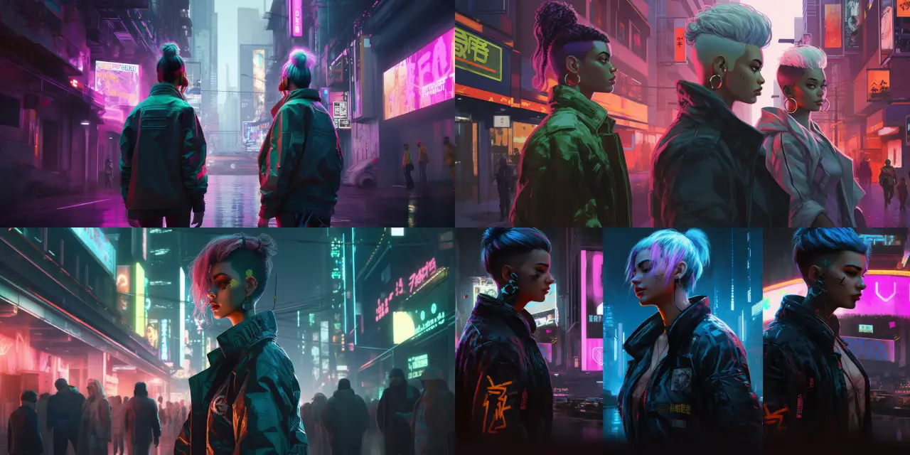 Depict a {{number_of_characters}} cybernetic, fashion-forward individual(s) walking down a bustling city street filled with {{adjective_1}} avant-garde hairstyles and futuristic clothing. Surround them with glowing advertisements showcasing {{theme_1}} elements, all set in a Cyberpunk art style.