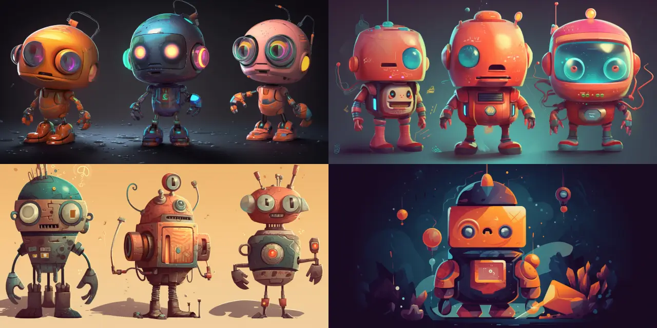 Illustrate a cute, nomadic robot character, {{nomadic_robot}}, that travels the galaxy to collect different cartoon trinkets, {{trinket_1}}, {{trinket_2}}, and {{trinket_3}}, for a Cartoon Character Design. This character should convey a sense of wonder, desire for knowledge, and the will to endure through its design. Incorporate elements of various art styles such as cyberpunk, solarpunk, vaporwave, and more to create a unique and visually appealing character. 