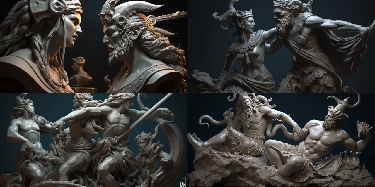Create a dynamic and detailed 3D sculpture using software like ZBrush or Blender, depicting an intense and emotional battle between the classical deities {{deity_1:Athena}} and {{deity_2:Poseidon}}, each showcasing their unique strengths and powers. The scene should take inspiration from traditional Grecian statues, capturing the essence of the divine conflict. Incorporate key visual elements that evoke a sense of {{theme_1:power}} and {{theme_2:tension}}, such as fierce expressions, fluid movement, and muscular, lifelike forms. Consider integrating the deities' respective symbols, like Athena's {{symbol_1:owl or shield}} and Poseidon's {{symbol_2:trident or dolphin}}, to further emphasize their iconic traits. Additionally, infuse the sculpture with a sense of emotion and drama by illuminating the contrast between the {{adjective_1:calm, wisdom-driven demeanor}} of Athena and the {{adjective_2:tempestuous, primal energy}} of Poseidon. Feature vibrant, dynamic poses that push the limits of what is possible in traditional sculpture to create an extraordinary work of art that genuinely captures the immortal struggle of these Grecian legends.