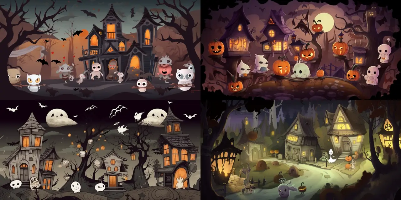 Create a chibi style haunted village landscape, depicting {{number_1}} adorable ghosts, {{number_2}} ghouls, and {{number_3}} supernatural beings getting along with human visitors. The scene should evoke a sense of {{feeling_1}} and include specific elements such as a {{building_1}}, a {{decorative_item_1}}, and a {{natural_element_1}}. The art style should incorporate aspects of {{art_style_1}} and {{art_style_2}}, and be inspired by the works of {{artist_1}} and {{artist_2}}. Utilize {{medium_1}} as the primary artistic medium for this piece.