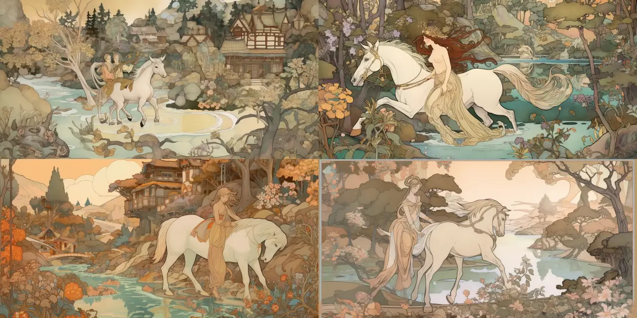 A gentle {{creature_1}} Centaur roaming a riverside village filled with various mythical creatures, such as {{creature_2}}, {{creature_3}}, and {{creature_4}}. The scene evokes a sense of {{theme_1}} and {{theme_2}}. The art style should resemble that of {{artist_1}} or {{artist_2}}, with a touch of {{style_1}} and {{style_2}} elements. The medium can be either a {{medium_1}} or a {{medium_2}}, showcasing intricate details of the Centaur and the surrounding environment.