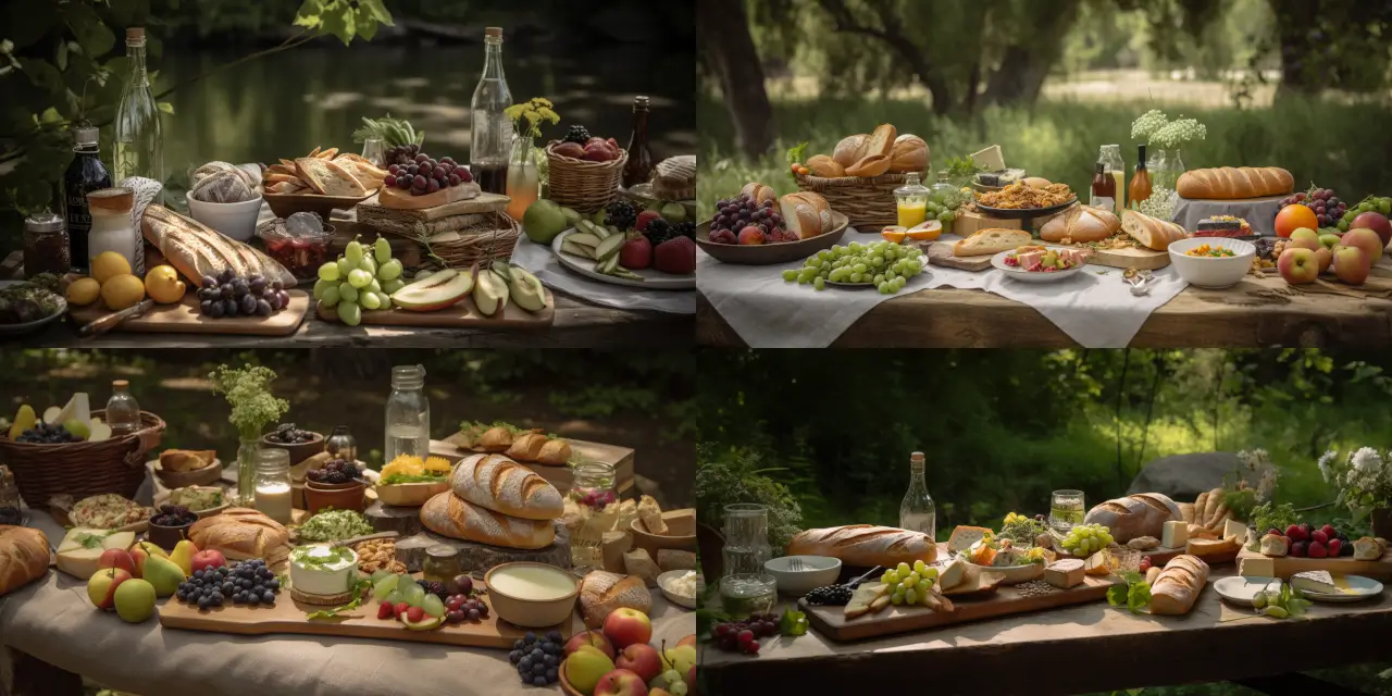 Stage an outdoor picnic scene featuring {{food_1}}, {{food_2}}, and {{food_3}} as the main food spreads, surrounded by natural elements such as {{natural_element_1}} and {{natural_element_2}}. Capture the essence of Food Photography by incorporating {{photography_style}} and paying close attention to the presentation and arrangement of the food items. Include additional props or picnic essentials, like a {{picnic_item}}, to enhance the overall aesthetic and create a visually engaging scene. Set the mood with an atmosphere evoking {{theme_1}} and {{theme_2}}, ensuring the colors and lighting complement the chosen themes.