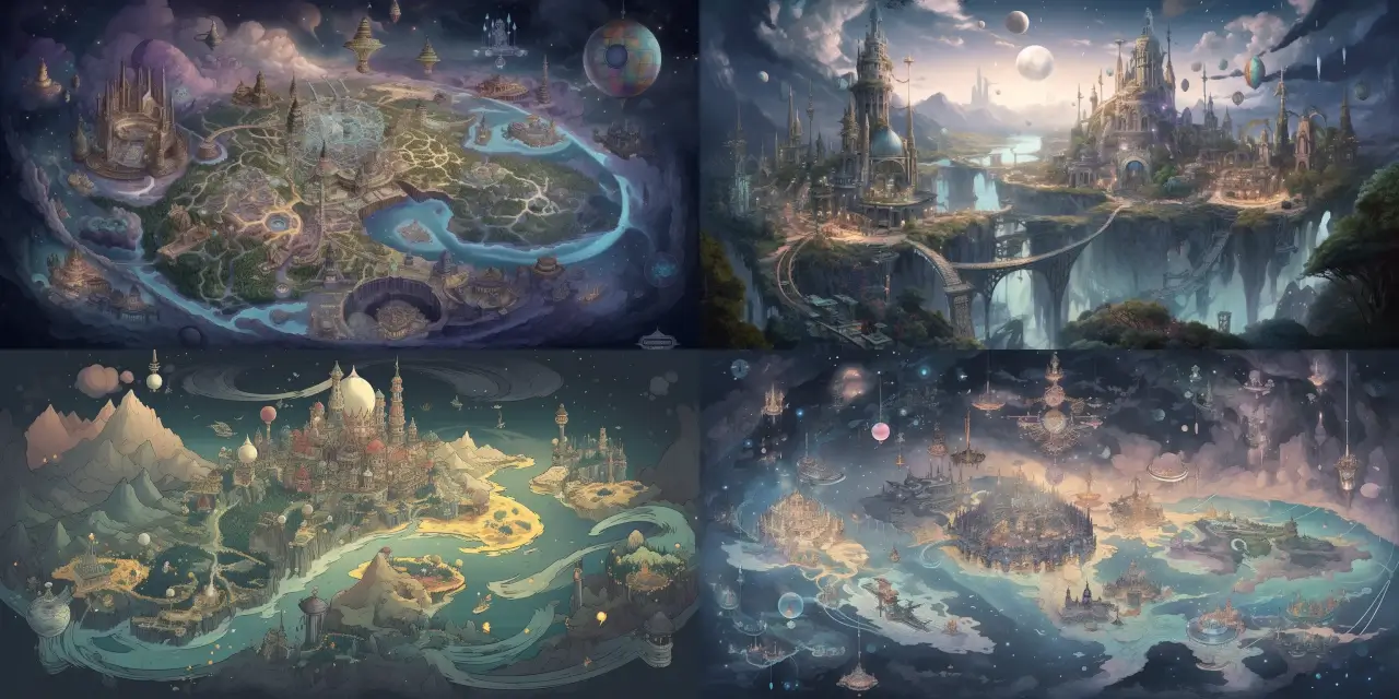 Design a celestial-inspired kingdom, featuring a city built upon {{cloud_formation}}, with {{number_of_planets}} planets connected by gravity-defying {{pathway_material}} pathways. The map should include enchanting landmarks such as {{landmark_1}}, {{landmark_2}}, and {{landmark_3}}, all evoking a sense of {{dominant_emotion}}. In this fantasy map design, incorporate an art style reminiscent of {{artist_1}} and {{artist_2}}, while using a harmonious palette of {{color_1}}, {{color_2}}, and {{color_3}} to capture the breathtaking beauty of this cosmic realm.