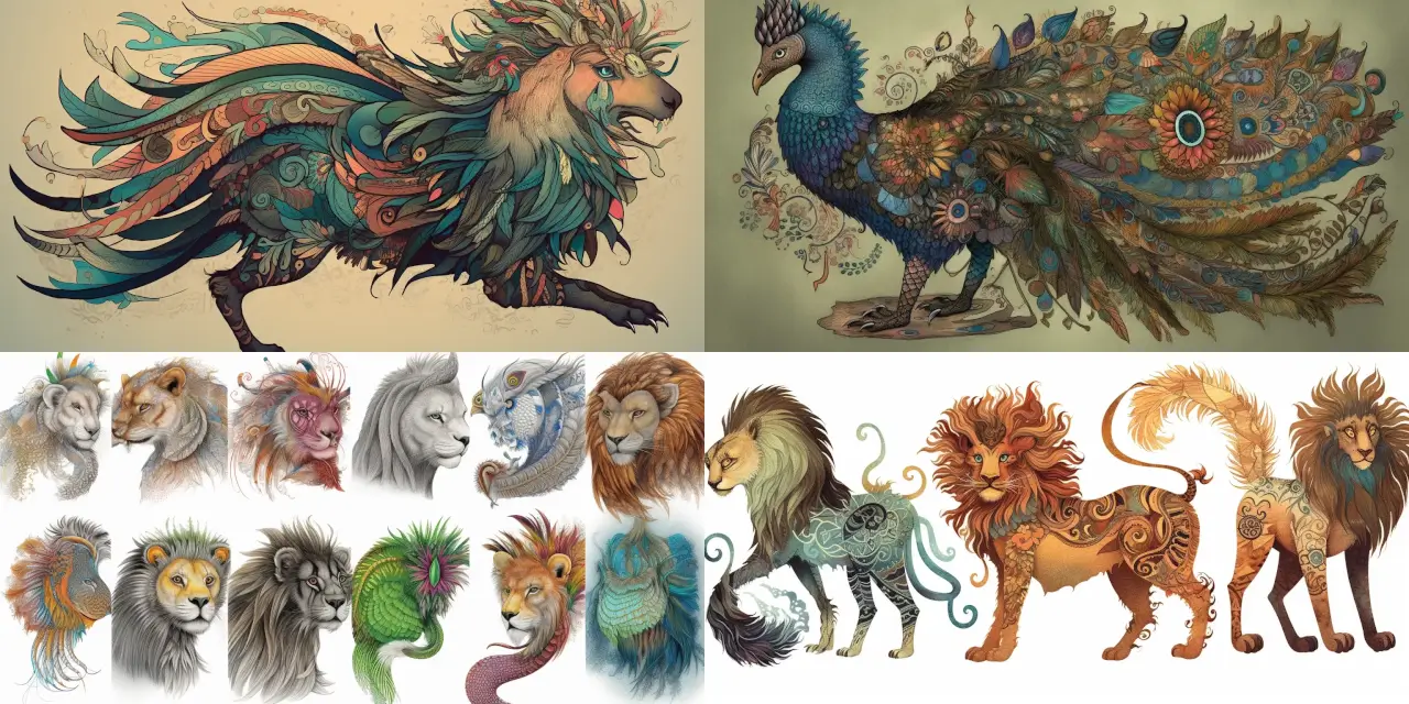 Illustrate a mythical creature that is a hybrid of multiple animals, each with their own unique patterns and textures, specifically depicting {{animal_1}} with its {{pattern_1}} texture, {{animal_2}} showcasing its {{pattern_2}} texture, and {{animal_3}} displaying its {{pattern_3}} texture. Create a harmonious blend of these animals and their respective patterns to represent a mythical creature that has never been seen before. Use a {{medium}} to capture the intricate details of these animal patterns and textiles, and imbue the scene with a sense of {{theme}}. Consider incorporating the art style of {{artist}} to make the illustration even more distinctive and visually striking.