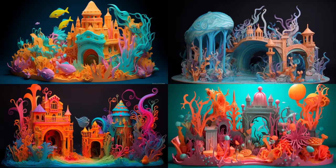Create a whimsical 3D underwater scene for 3D printing, featuring a {{mermaid_architecture}} mermaid city, schools of {{fish_color_1}} and {{fish_color_2}} colorful fish, and a {{sea_monster_type}} sea monster, all intricately designed with {{art_style}} elements. The scene should evoke feelings of{{theme_1}}, {{theme_2}}, and {{theme_3}}, and be inspired by the works of {{artist_1}} and {{artist_2}}. The medium should resemble a {{medium_type}} to enhance the visual impact and bring the magical underwater world to life.