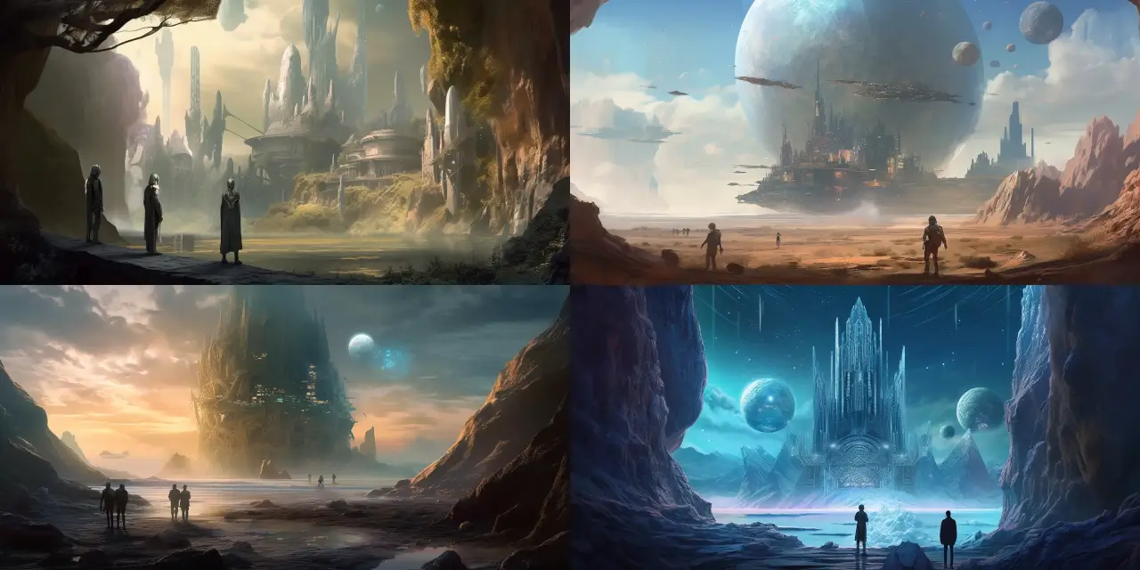 A depiction of first contact between {{number_of_astronauts}} human astronauts and an ethereal, highly advanced {{alien_species}} alien species, engaging in {{negotiation_or_trade}} of knowledge and technology, set on the surface of a foreign planet called {{planet_name}}. This Sci-Fi & Space Art piece showcases the breathtaking {{landscape_type}} landscape and the awe-inspiring {{architecture_style}} architectural style of their meeting place. The atmosphere is filled with a sense of {{strong_feeling}} as the two parties communicate using {{communication_method}}. The piece should be created in {{art_medium}} with a touch of {{art_style}} influence, reminiscent of the works of {{artist_reference}}.