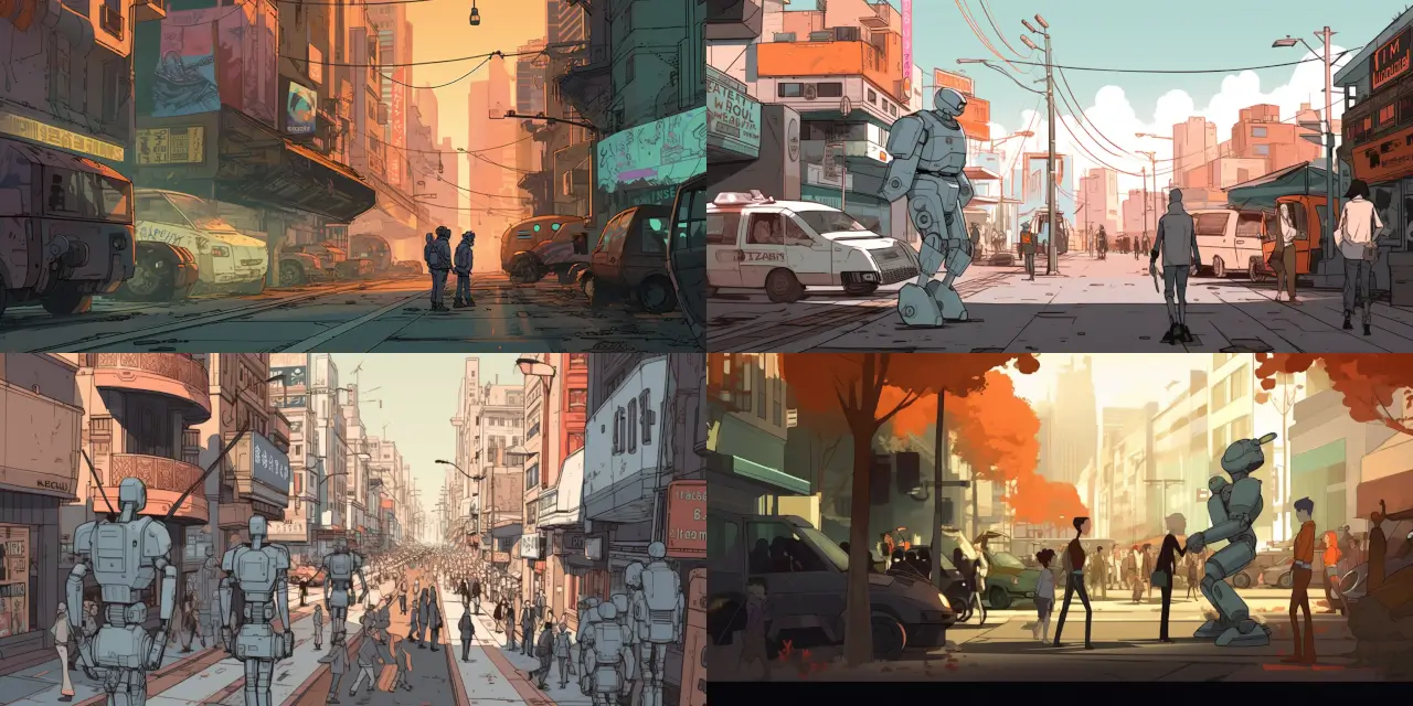 Illustrate a {{setting_1}} city featuring {{interaction_1}} between {{character_type_1}} robot characters and {{character_type_2}} human characters. Showcase various interactions, such as {{activity_1}} working together, {{activity_2}} playing sports, and {{activity_3}} relaxing in a park. Include a {{presentation_style}} storyboarding approach that highlights the dynamic relationships in the scene.