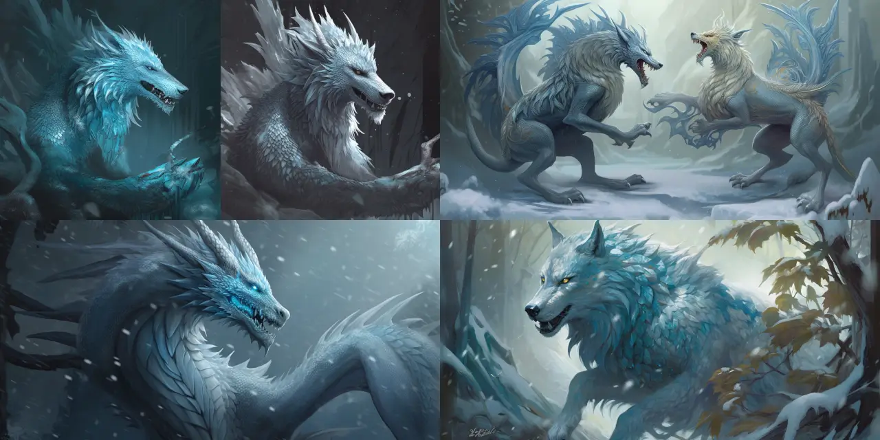 Create a mythical game character design that combines the features of a {{creature_1}} (dragon) and a {{creature_2}} (wolf), adorned with shimmering {{element_1}} (ice) crystals. The design should evoke a sense of {{theme_1}} (mystical power) and {{theme_2}} (frozen beauty). Consider incorporating aspects of {{style_1}} (fantasy) and {{style_2}} (realistic) styles, drawing inspiration from renowned artists such as {{artist_1}} (Hildebrandt Brothers) and {{artist_2}} (Gerald Brom). The final visual representation can be in the form of a {{medium_1}} (digital painting) or a {{medium_2}} (traditional illustration).
