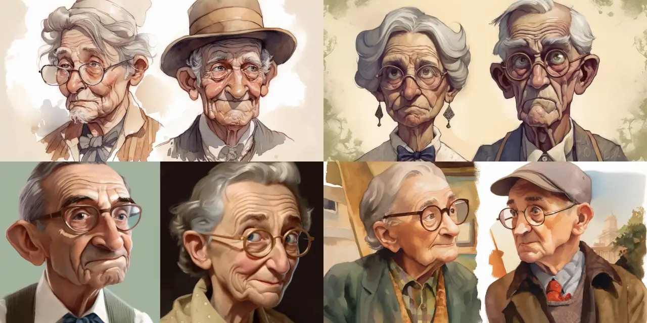 Produce a caricature of an elderly couple, both hunched over and walking with canes, dressed in {{old_fashioned_clothing_style}}, with exaggerated facial features such as {{prominent_feature_1}} and {{prominent_feature_2}}. The scene should invoke a feeling of {{emotion_theme}} and be inspired by the artistic style of {{famous_artist}}. Use {{medium_type}} as the medium for this caricature, making sure to add intricate details to their old-fashioned clothing and the background to create a rich, immersive environment.