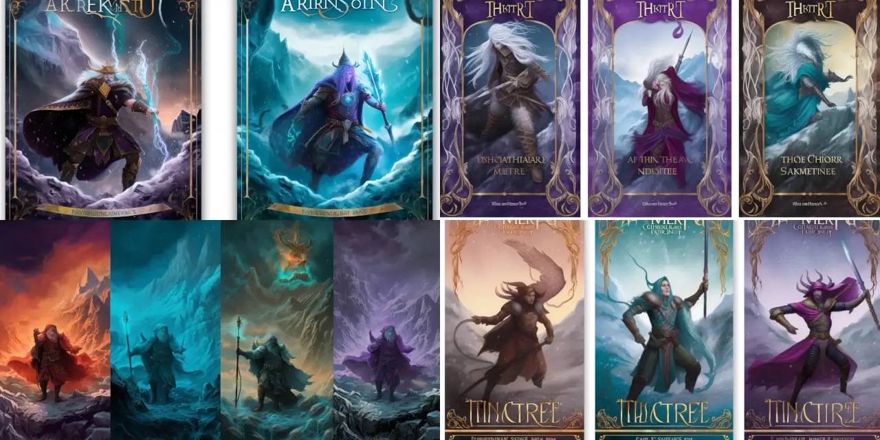 Create a captivating fantasy book cover art featuring a magical battle among {{number_of_wizards}} wizards in a snowy, mountainous landscape. Use vivid colors, such as {{color_1}}, {{color_2}}, and {{color_3}}, to contrast with the white snow and dark, stormy skies. Incorporate elements and styles reminiscent of {{art_style_1}}, {{art_style_2}}, and {{art_style_3}} to enhance the atmosphere. Capture a powerful sense of awe and wonder as the wizards unleash their {{spell_1}}, {{spell_2}}, and {{spell_3}} in the midst of the conflict. Consider drawing inspiration from artists like {{artist_1}} and {{artist_2}} and depicting the scene in a medium such as {{medium_1}} or {{medium_2}}.